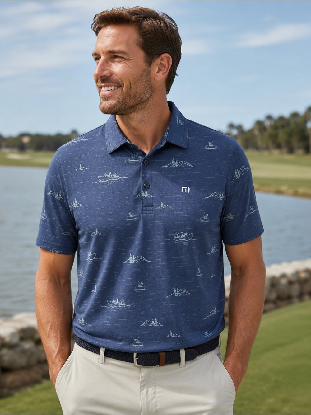 Travis Mathew Navy Short Sleeve Polo with Light Coastal/mountain Motif Size S